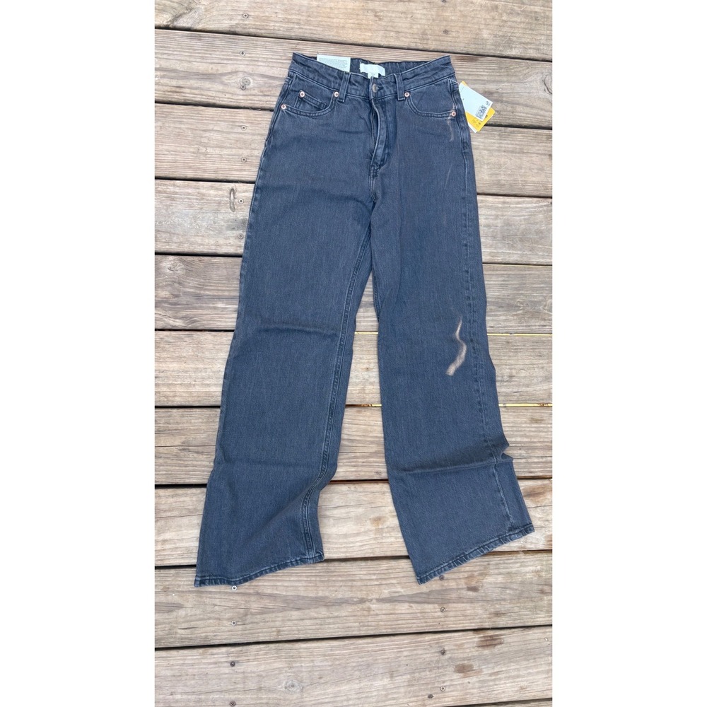 H&M Wide High Waist Jeans Washed Black Size 2 NWT Distressed Wide Leg Denim